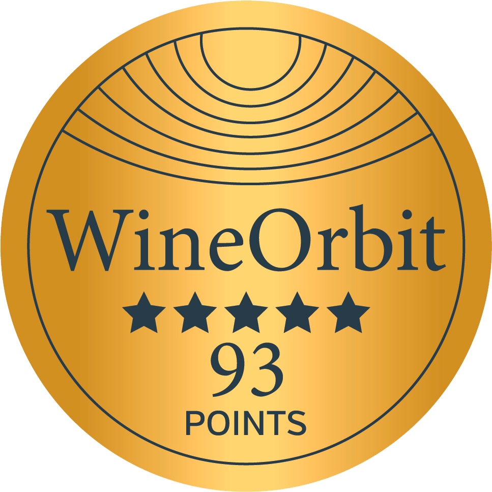 Gold circular WineOrbit award badge featuring five stars and a score of 93 points.